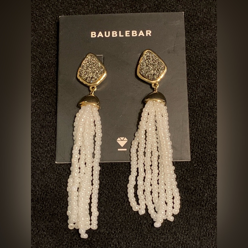 NWOT Baublebar metallic druzy studs with white beaded tassels